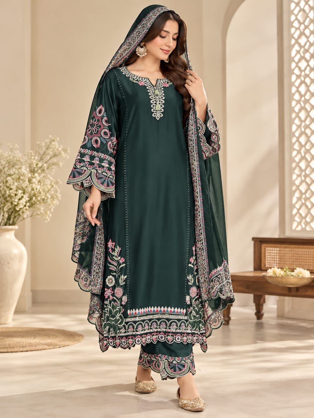 1022 Viral Long Kaftan Pakistani Suit With Beautiful Embroidery Work And Cut Work Top Bottom And Dupatta